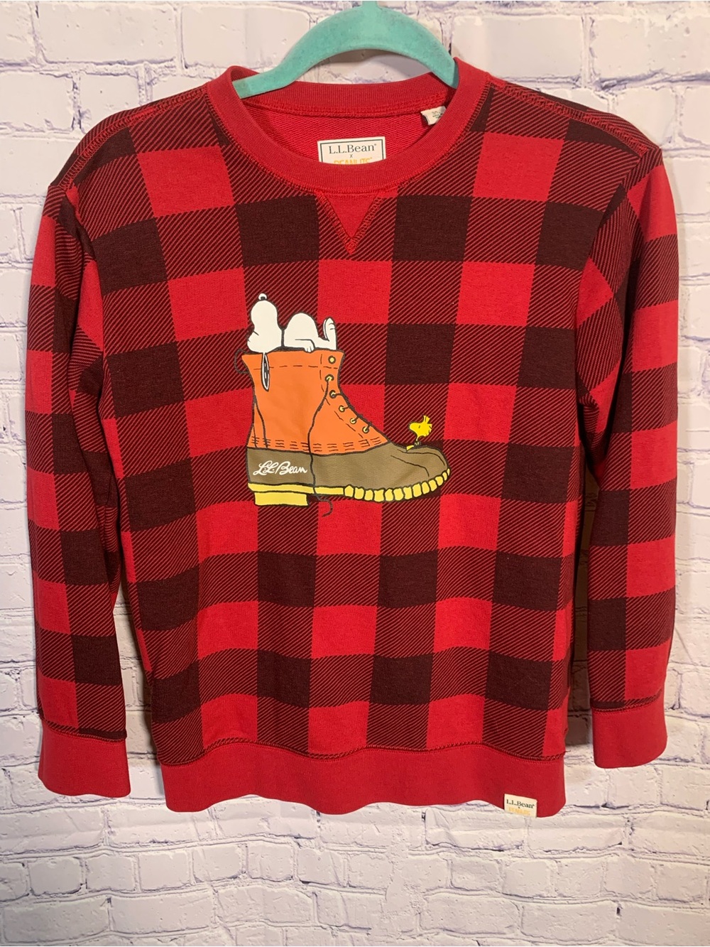 L.L.Bean x Peanuts Womens Crewneck Buffalo Plaid Graphic Sweatshirt Sz M Casual